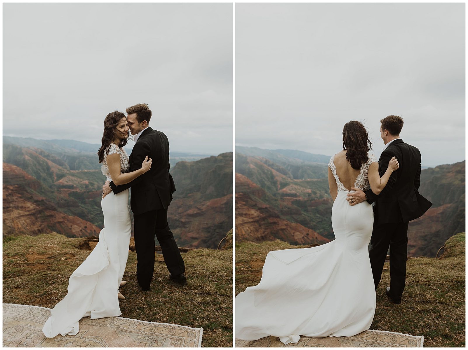 bride and groom sharing an intimate ceremony during their elopement on the cliffs of Waimea Canyon in Kauai, Hawaii 