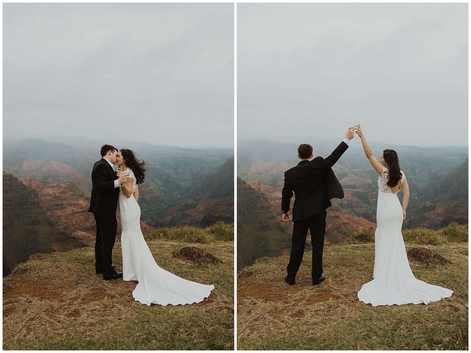 bride and groom sharing an intimate ceremony during their elopement on the cliffs of Waimea Canyon in Kauai, Hawaii 