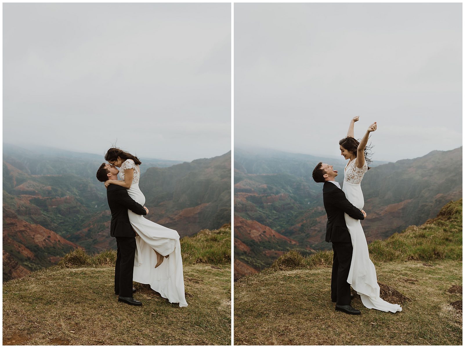 bride and groom sharing an intimate ceremony during their elopement on the cliffs of Waimea Canyon in Kauai, Hawaii 