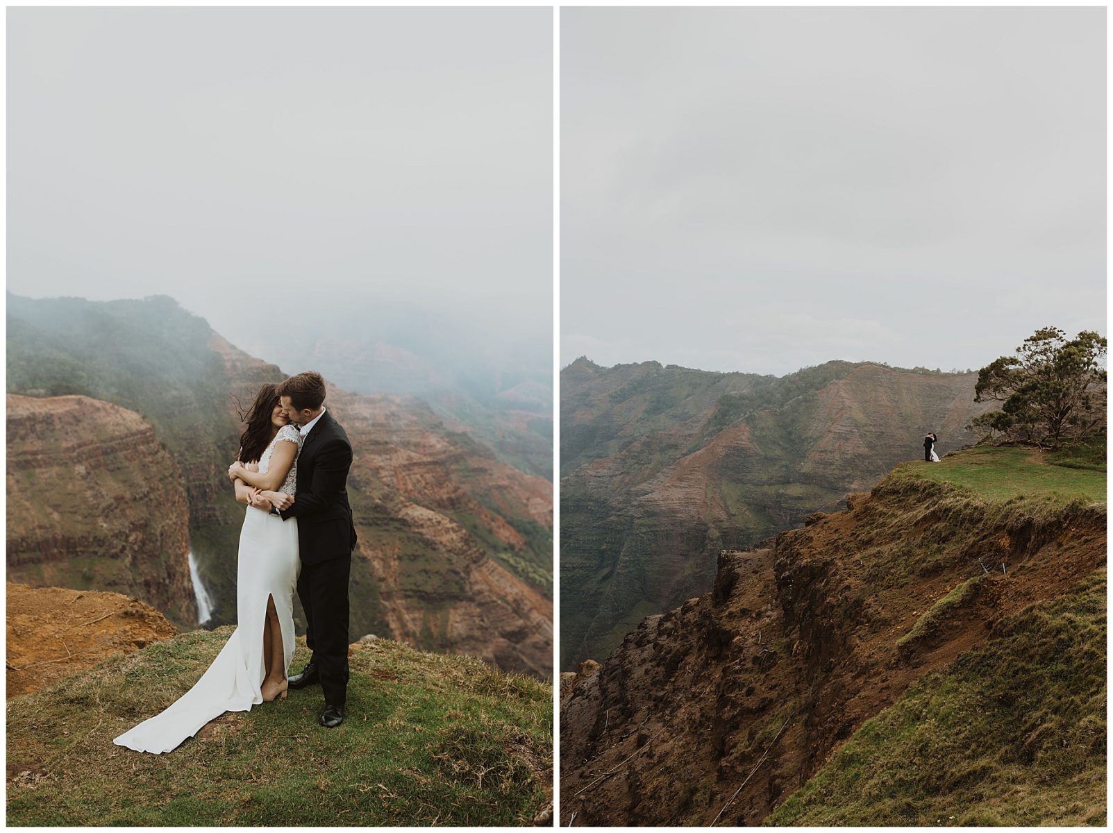 bride and groom sharing an intimate ceremony during their elopement on the cliffs of Waimea Canyon in Kauai, Hawaii 