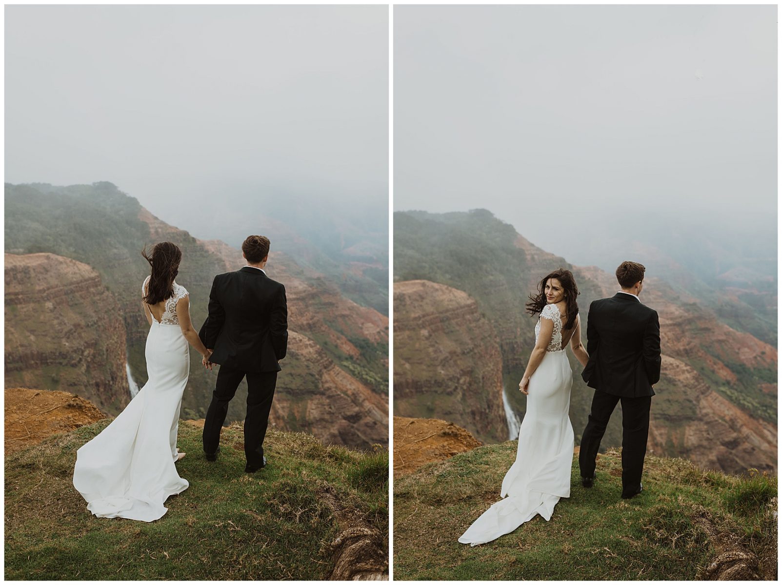 bride and groom sharing an intimate ceremony during their elopement on the cliffs of Waimea Canyon in Kauai, Hawaii 