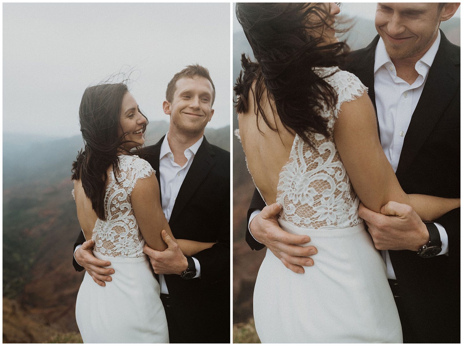 bride and groom sharing an intimate ceremony during their elopement on the cliffs of Waimea Canyon in Kauai, Hawaii 