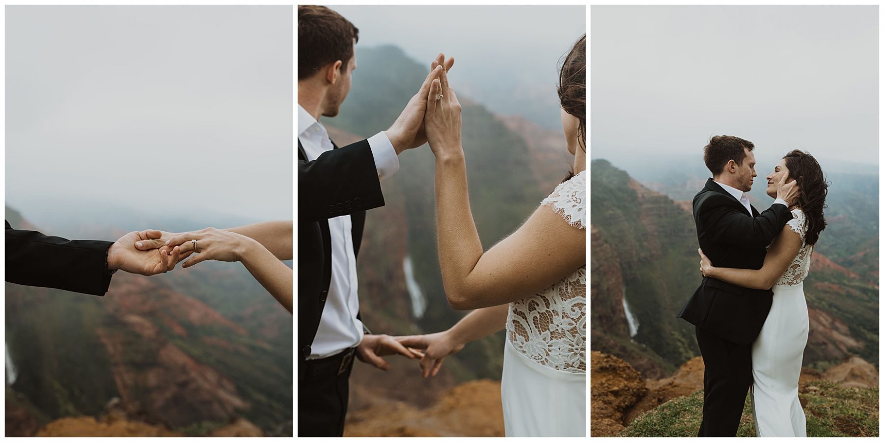 bride and groom sharing an intimate ceremony during their elopement on the cliffs of Waimea Canyon in Kauai, Hawaii 