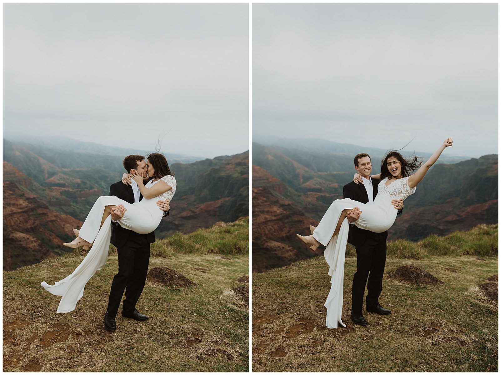 bride and groom sharing an intimate ceremony during their elopement on the cliffs of Waimea Canyon in Kauai, Hawaii 