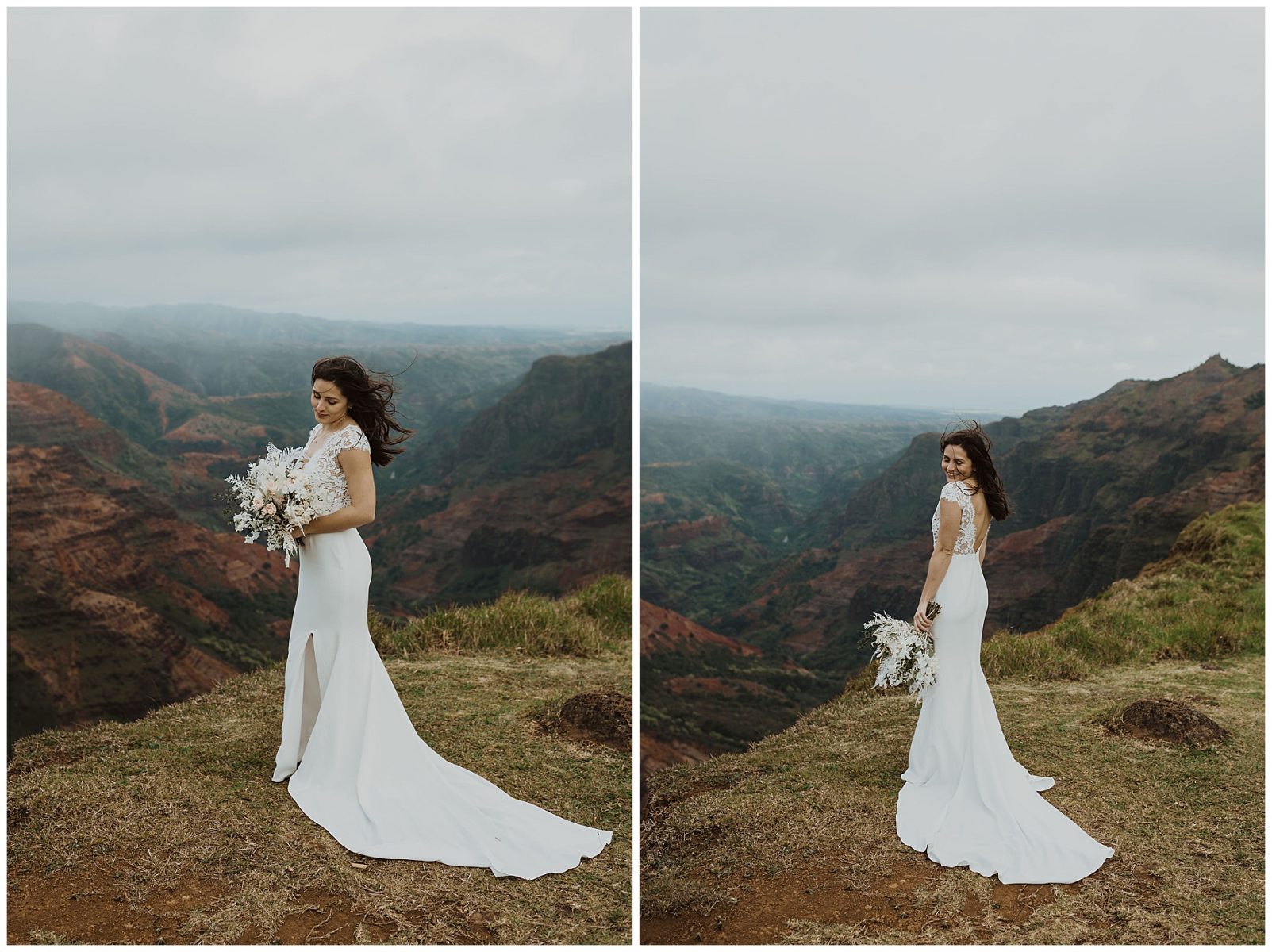 bride standing on the cliffs of Waimea Canyon in Kauai, Hawaii holding a white bouquet