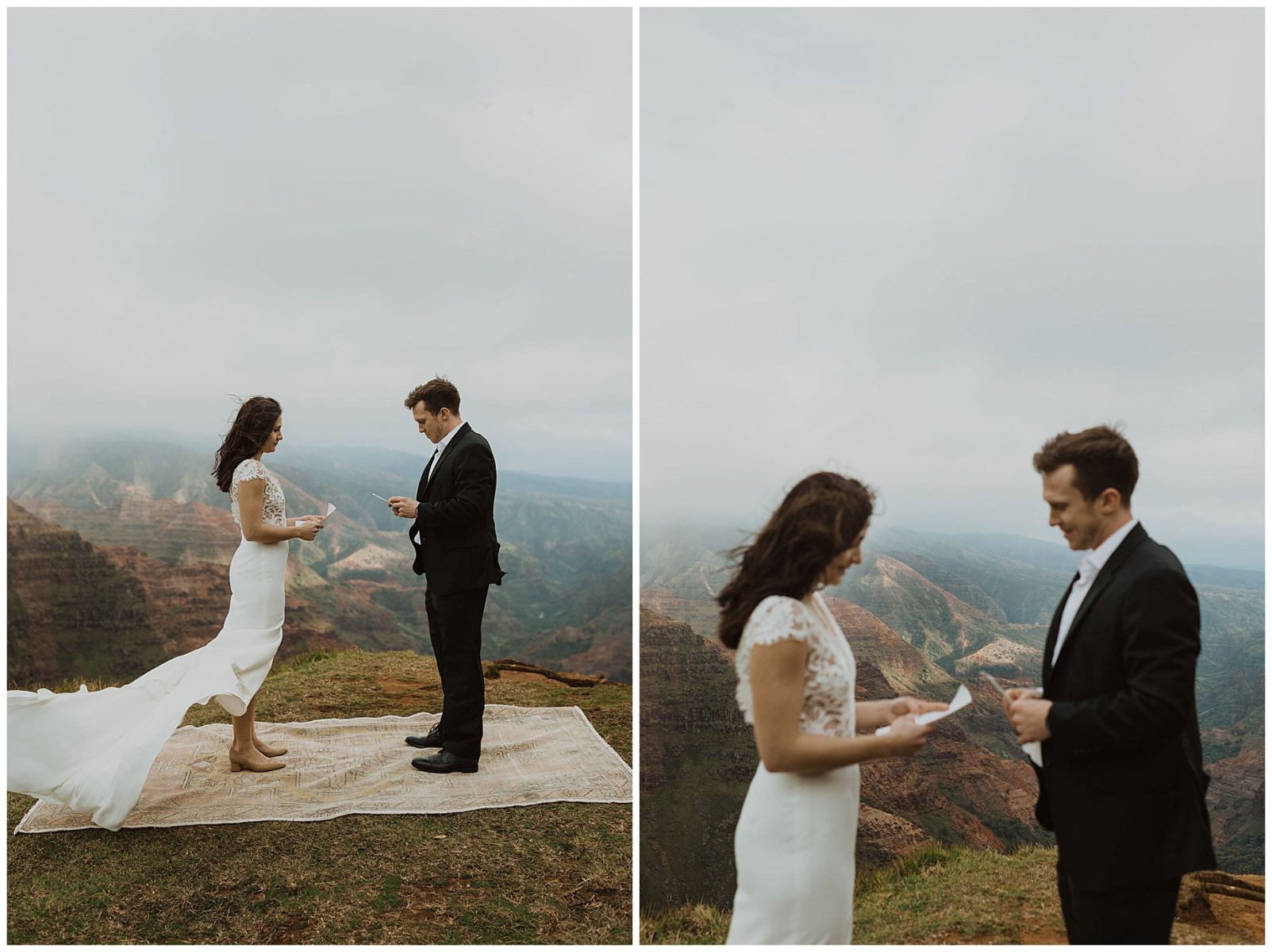 bride and groom exchanging vows during their elopement on the cliffs of Waimea Canyon in Kauai, Hawaii 