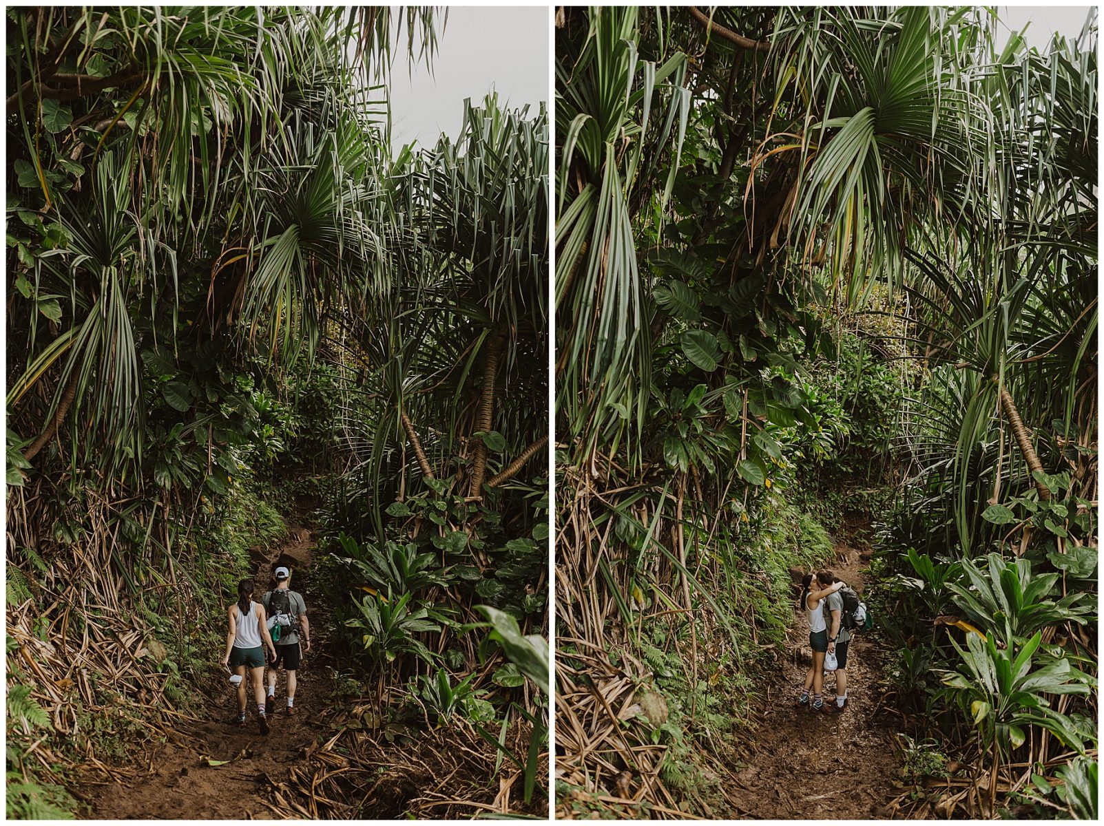 bride and groom hiking during their adventurous elopement on the cliffs of Waimea Canyon in Kauai, Hawaii 