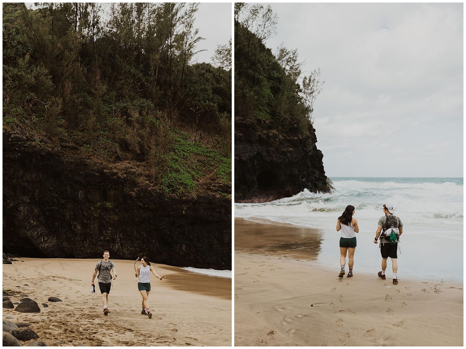 bride and groom hiking during their adventurous elopement on the cliffs of Waimea Canyon in Kauai, Hawaii 