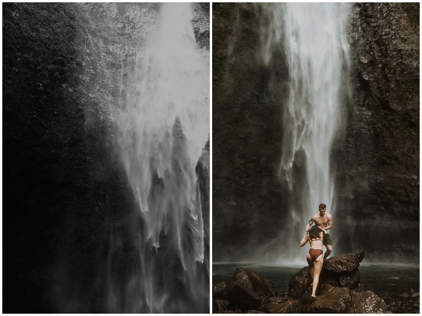 couple swimming and playing in a waterfall in kauai, hawaii