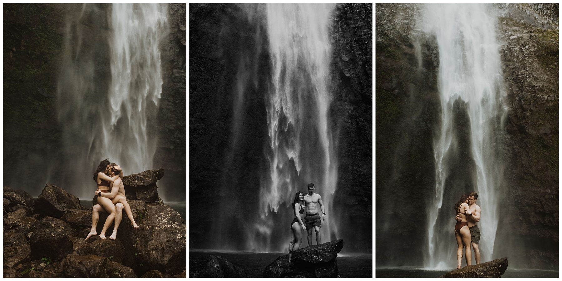 couple swimming and playing in a waterfall in kauai, hawaii