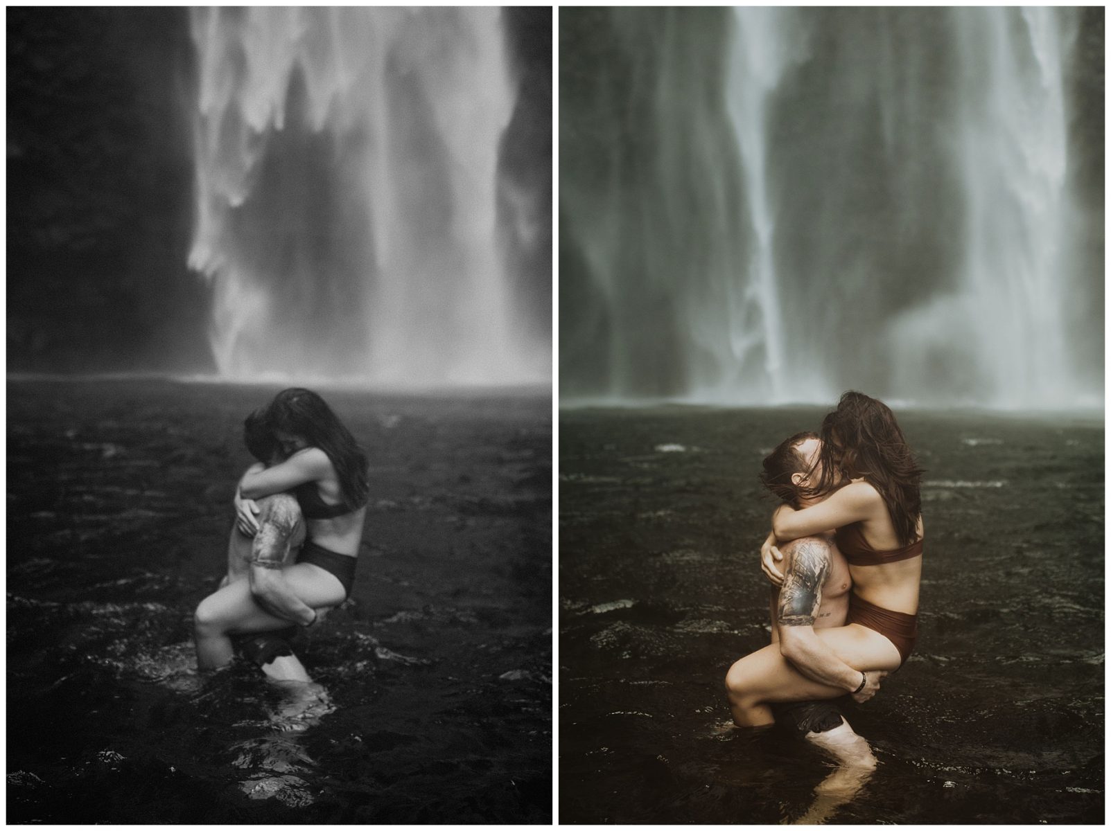 couple swimming and playing in a waterfall in kauai, hawaii