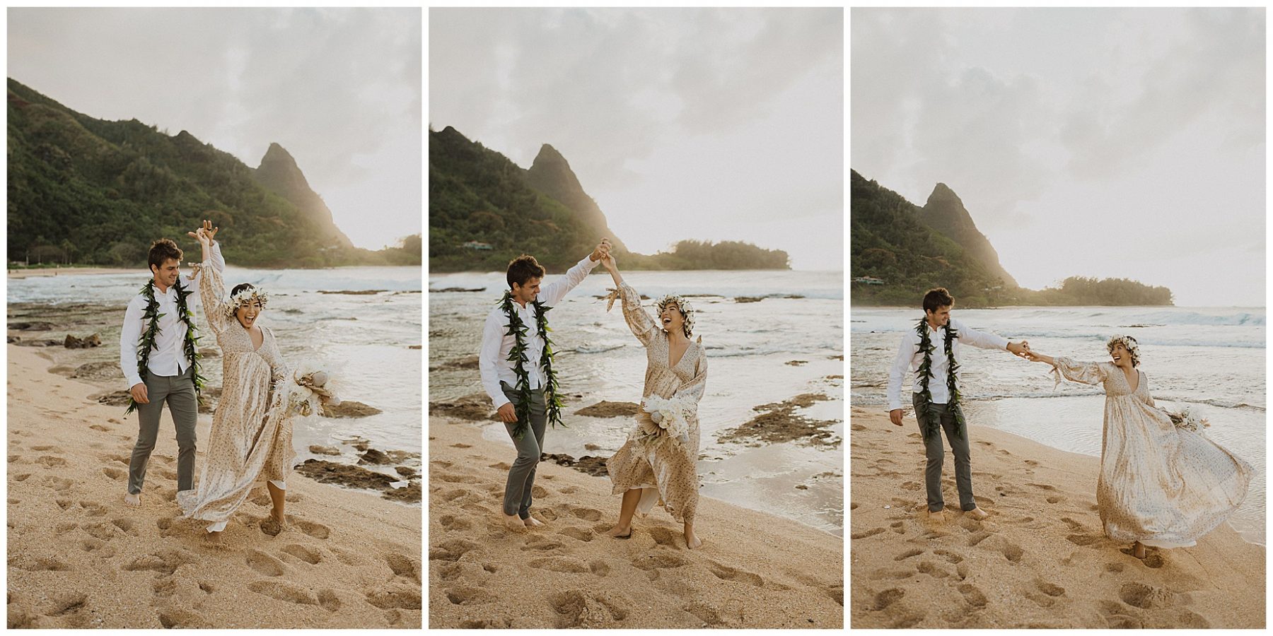bride dressed in a gold dress holding hands with her groom, dressed in Hawaiian attire during their elopement on the beach of Kauai