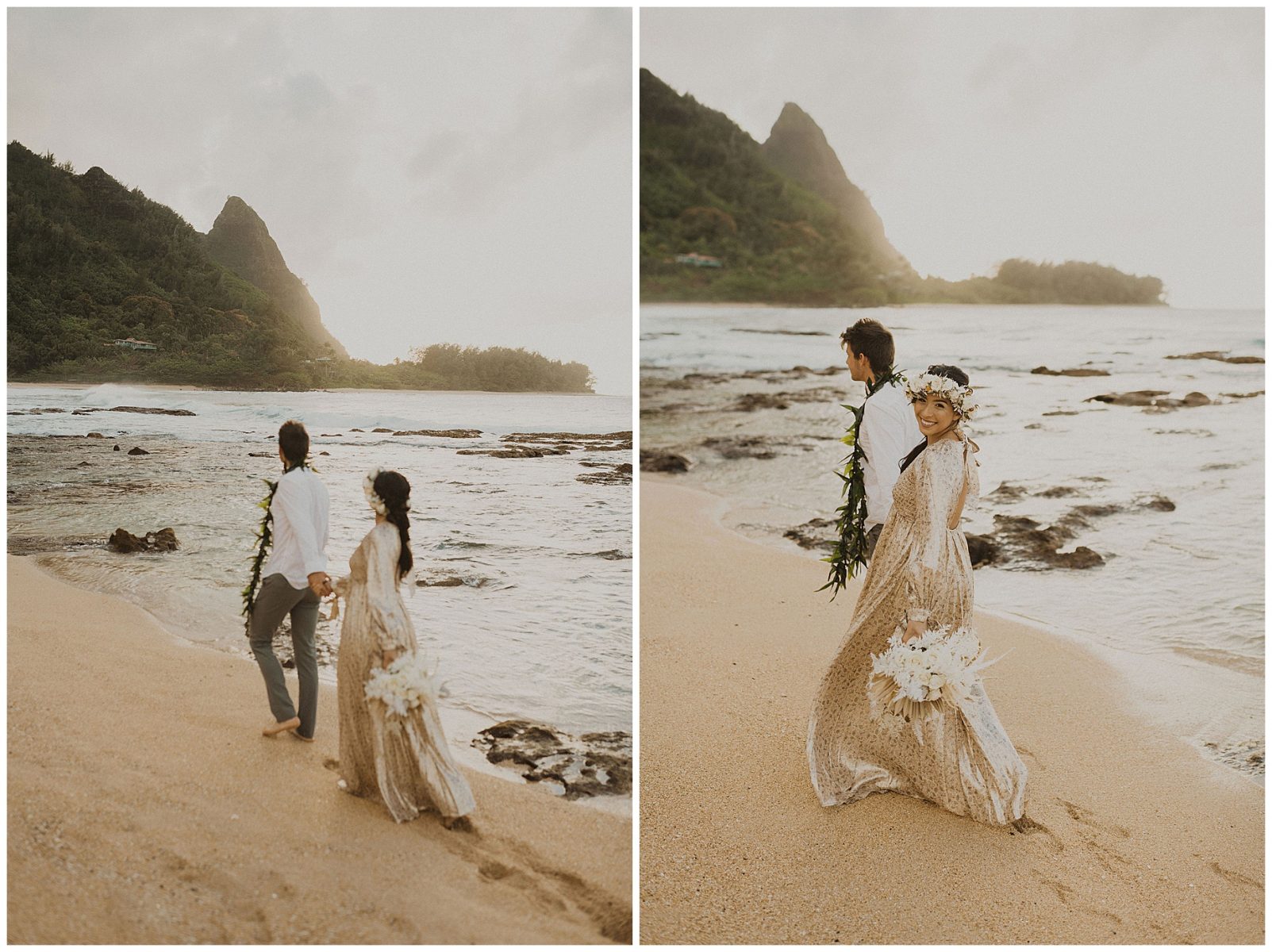 bride dressed in a gold dress holding hands with her groom, dressed in Hawaiian attire during their elopement on the beach of Kauai