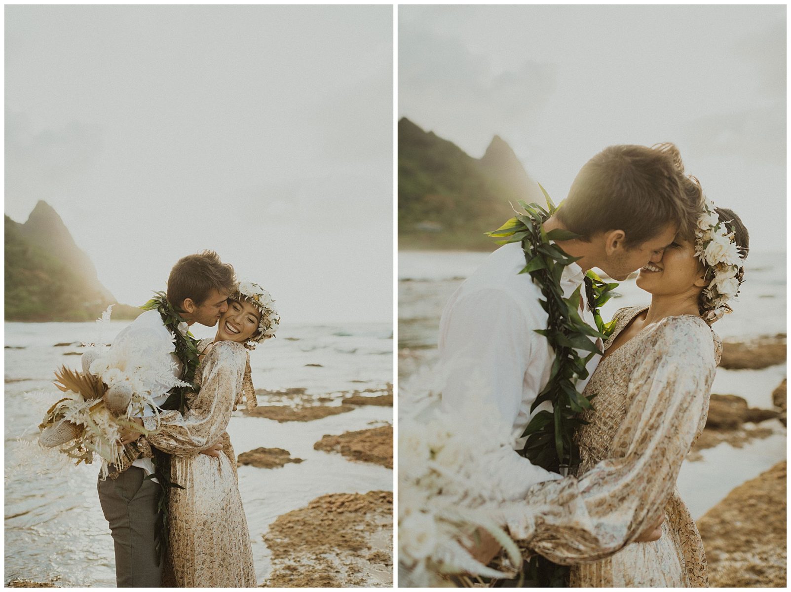 bride dressed in a gold dress holding hands with her groom, dressed in Hawaiian attire during their elopement on the beach of Kauai