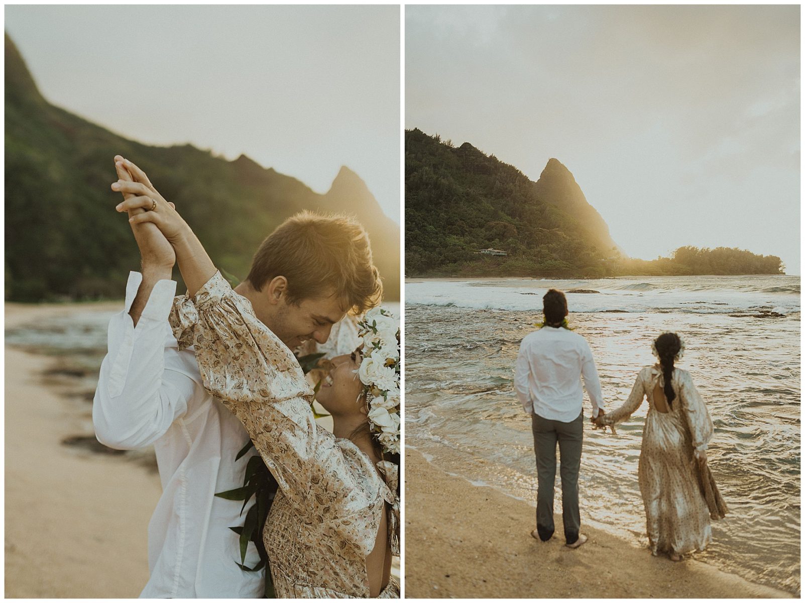bride dressed in a gold dress holding hands with her groom, dressed in Hawaiian attire during their elopement on the beach of Kauai