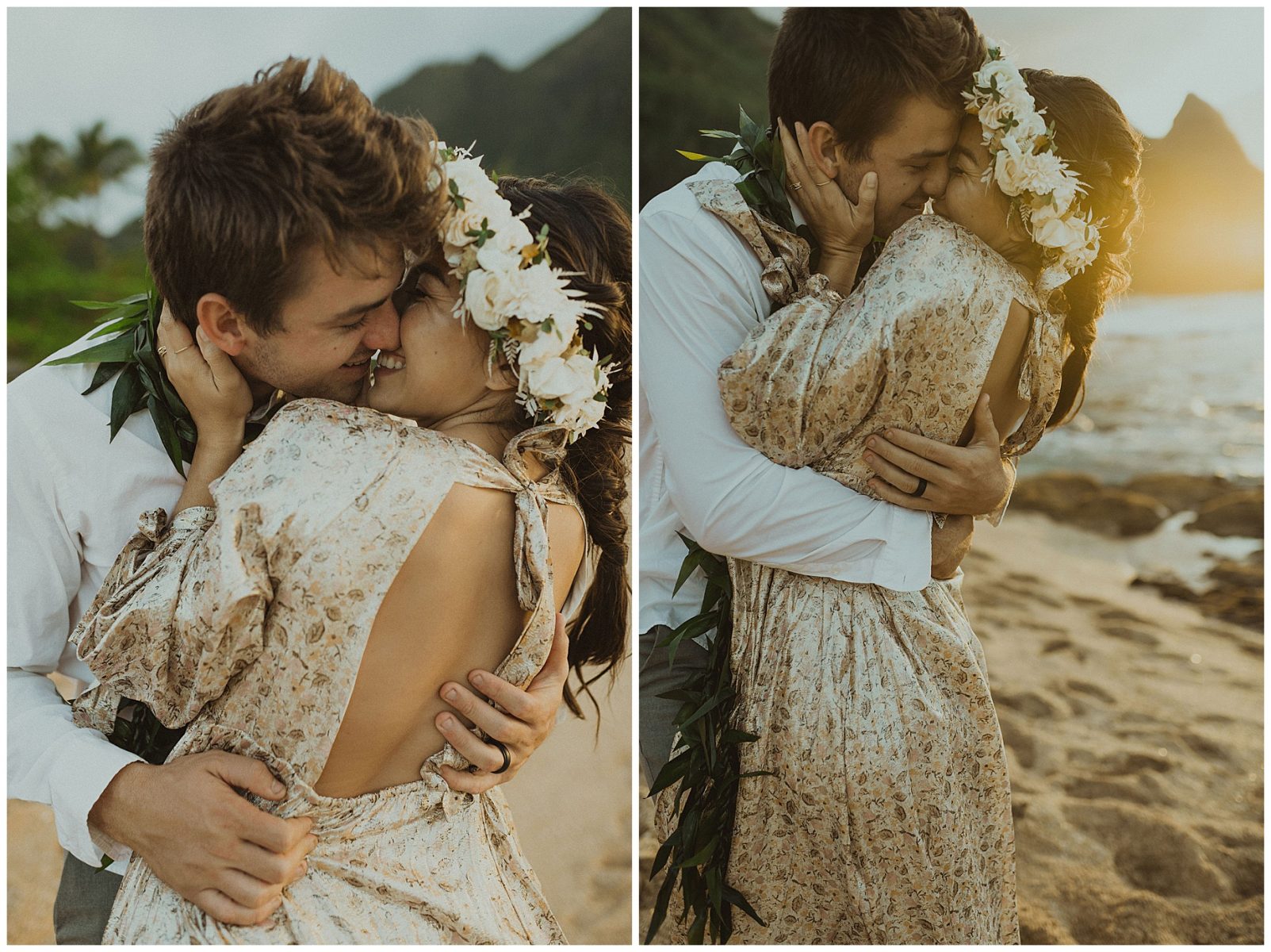 bride dressed in a gold dress holding hands with her groom, dressed in Hawaiian attire during their elopement on the beach of Kauai