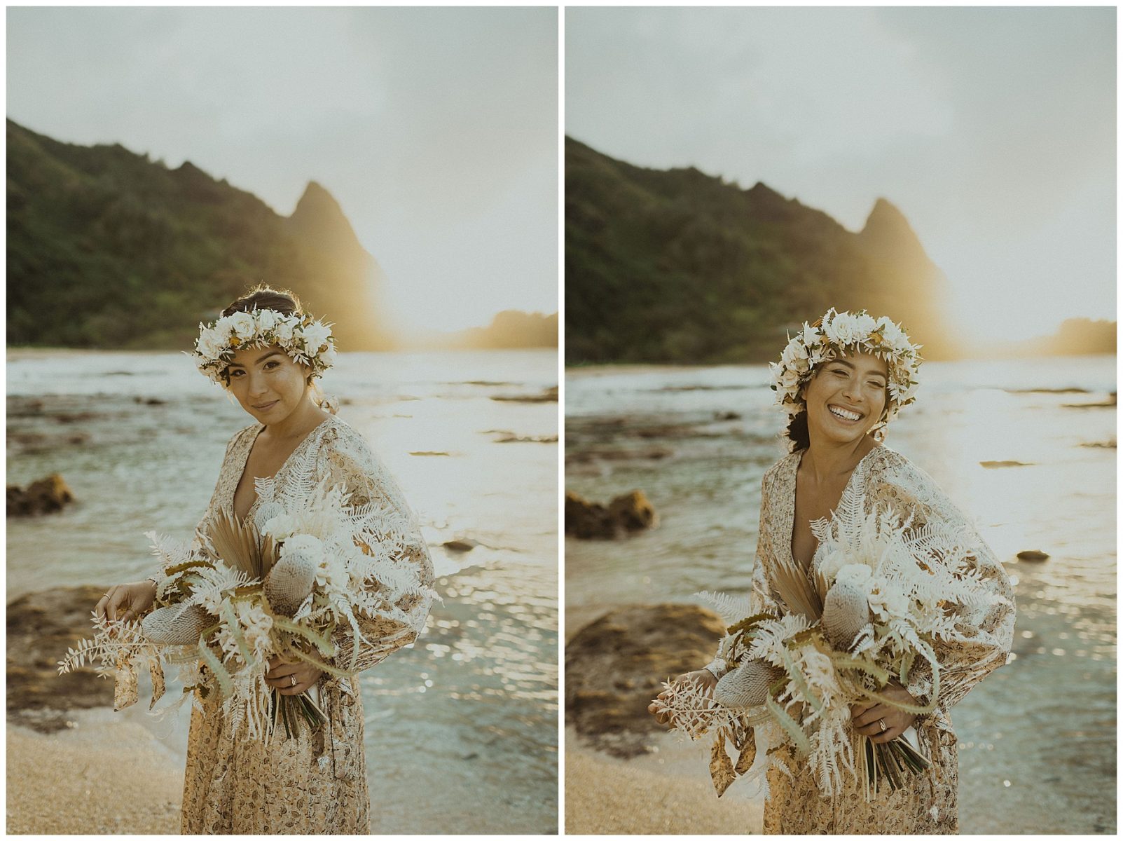 bride dressed in a gold dress holding her boho dried bouquet and wearing a white flower crown on the beach of kauai during her beach elopement in hawaii