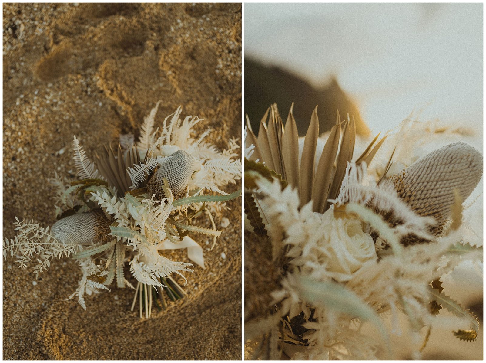 boho dried bridal bouquet on the beach in hawaii