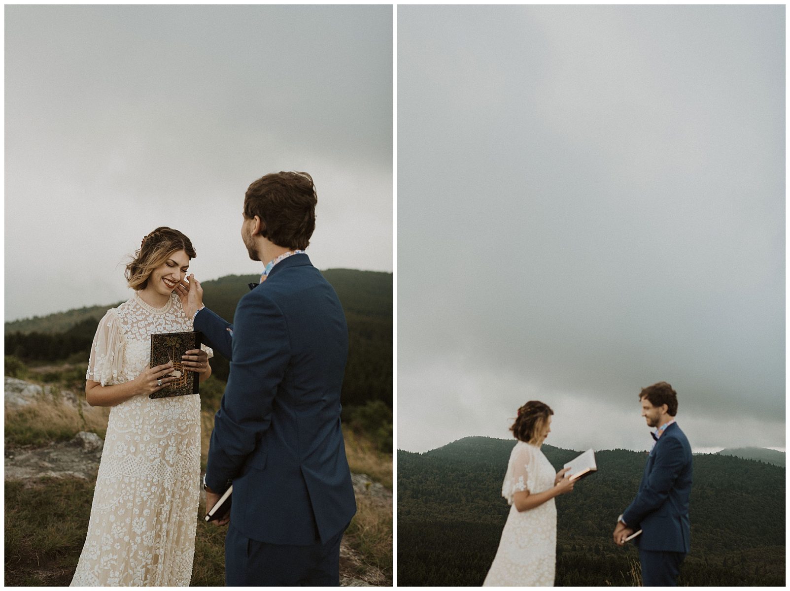 bride and groom exchanging vows on a mountaintop during their blue ridge mountains elopement