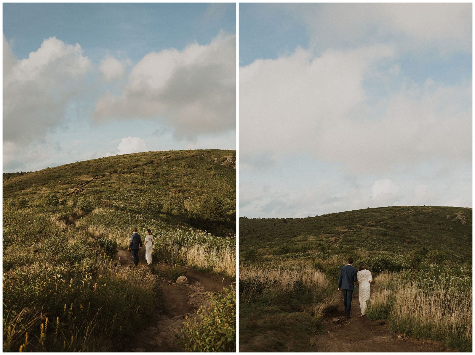 bride and groom holding hands, walking through the wildflowers on their elopement day