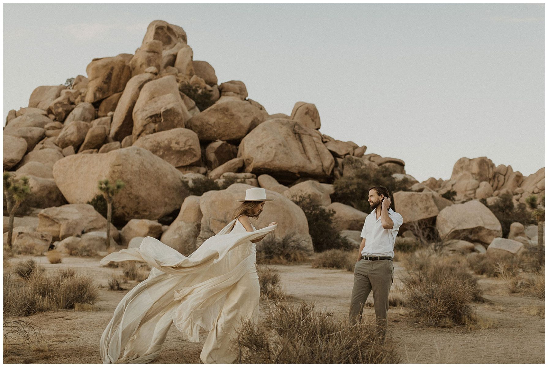 engaged couple's bridal portraits in the Joshua Tree desert